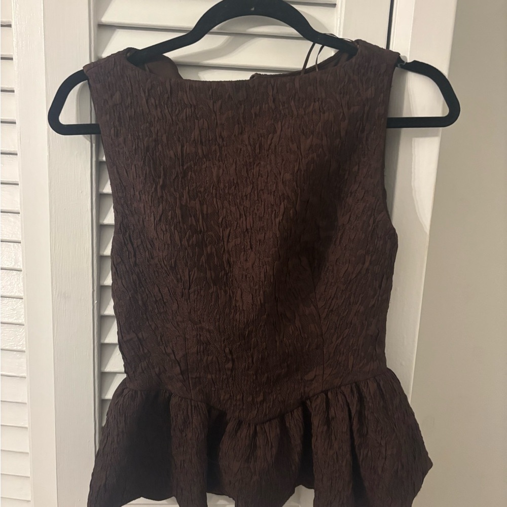 Zara Textured Brown Peplum Blouse